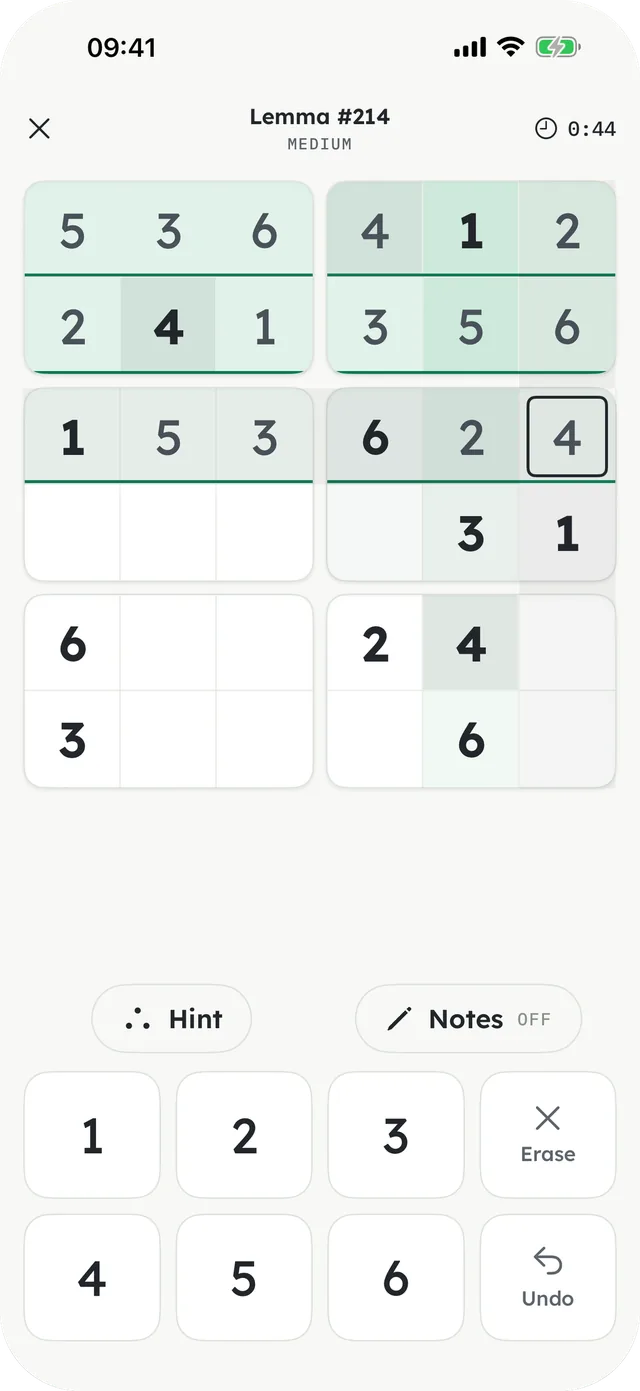 Lemma 214 mid-solve, with the Hint and Notes keys above the number pad.