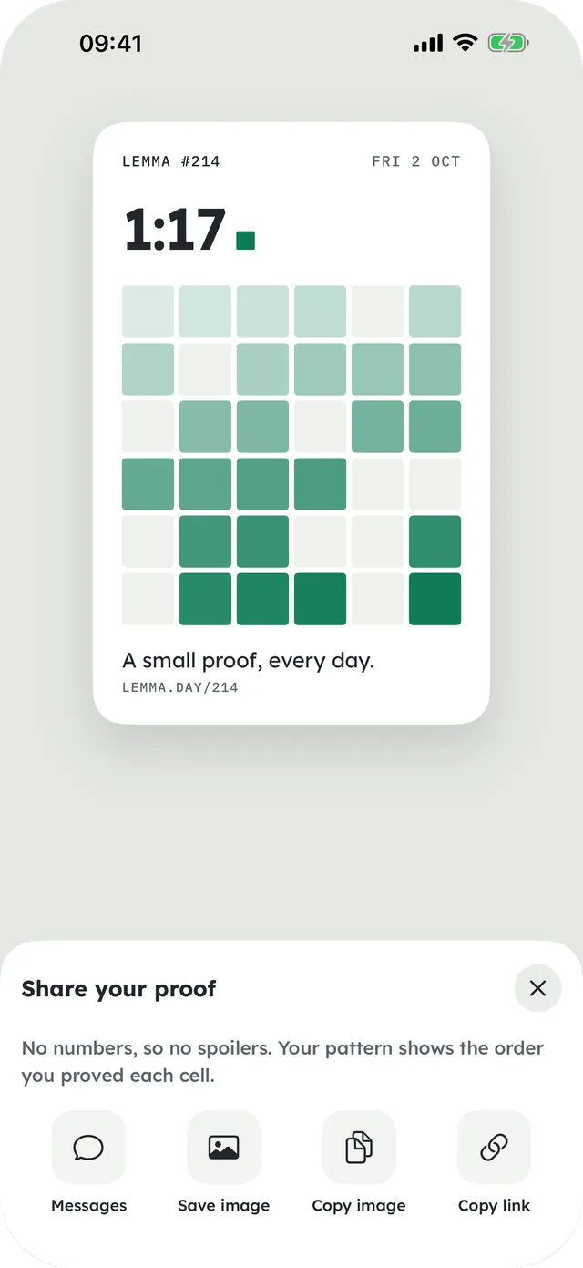 The share card: a grid of squares showing the order of a proof, with no numbers.